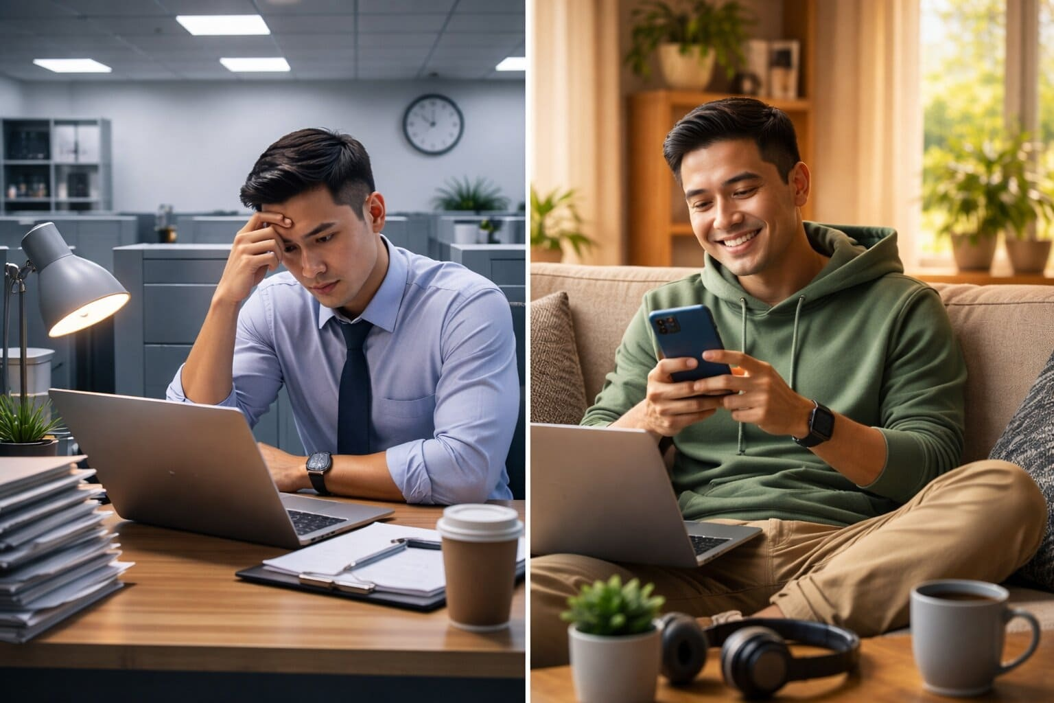 Comparación visual entre trabajo tradicional de oficina y trabajo remoto desde casa